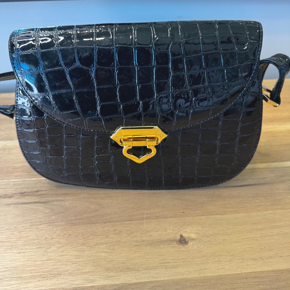 Ashneil Vintage Black Croc Embossed Patent Leather Crossbody Bag Gold Heart Lock - Picture 16 of 16